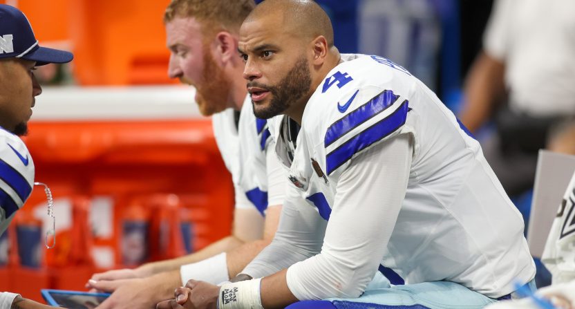 Nov 3, 2024; Atlanta, Georgia, USA; Dallas Cowboys quarterback Dak Prescott (4) on the bench against the Atlanta Falcons in the fourth quarter at Mercedes-Benz Stadium. Mandatory Credit: Brett Davis-Imagn Images