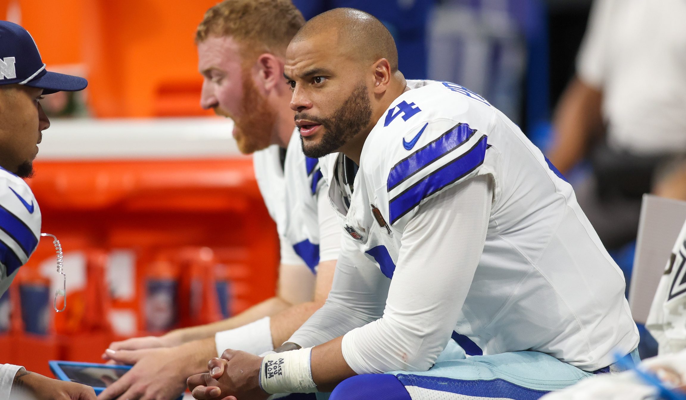 Nov 3, 2024; Atlanta, Georgia, USA; Dallas Cowboys quarterback Dak Prescott (4) on the bench against the Atlanta Falcons in the fourth quarter at Mercedes-Benz Stadium. Mandatory Credit: Brett Davis-Imagn Images