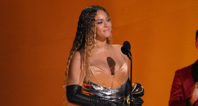 Beyonce accepts an award during the 65th Grammys.