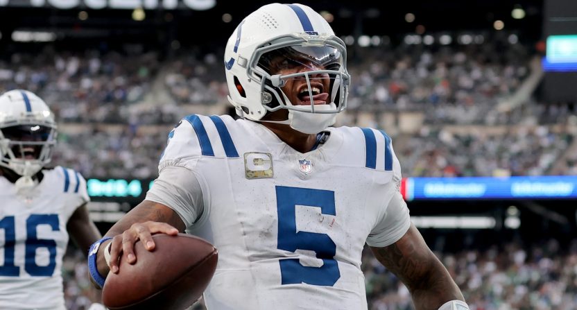 Indianapolis Colts quarterback Anthony Richardson celebrates a touchdown.