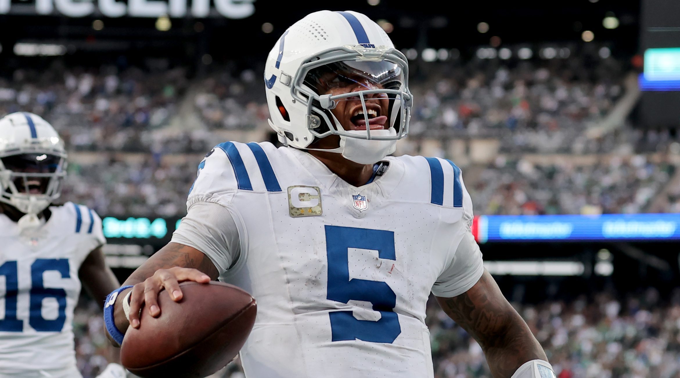 Indianapolis Colts quarterback Anthony Richardson celebrates a touchdown.