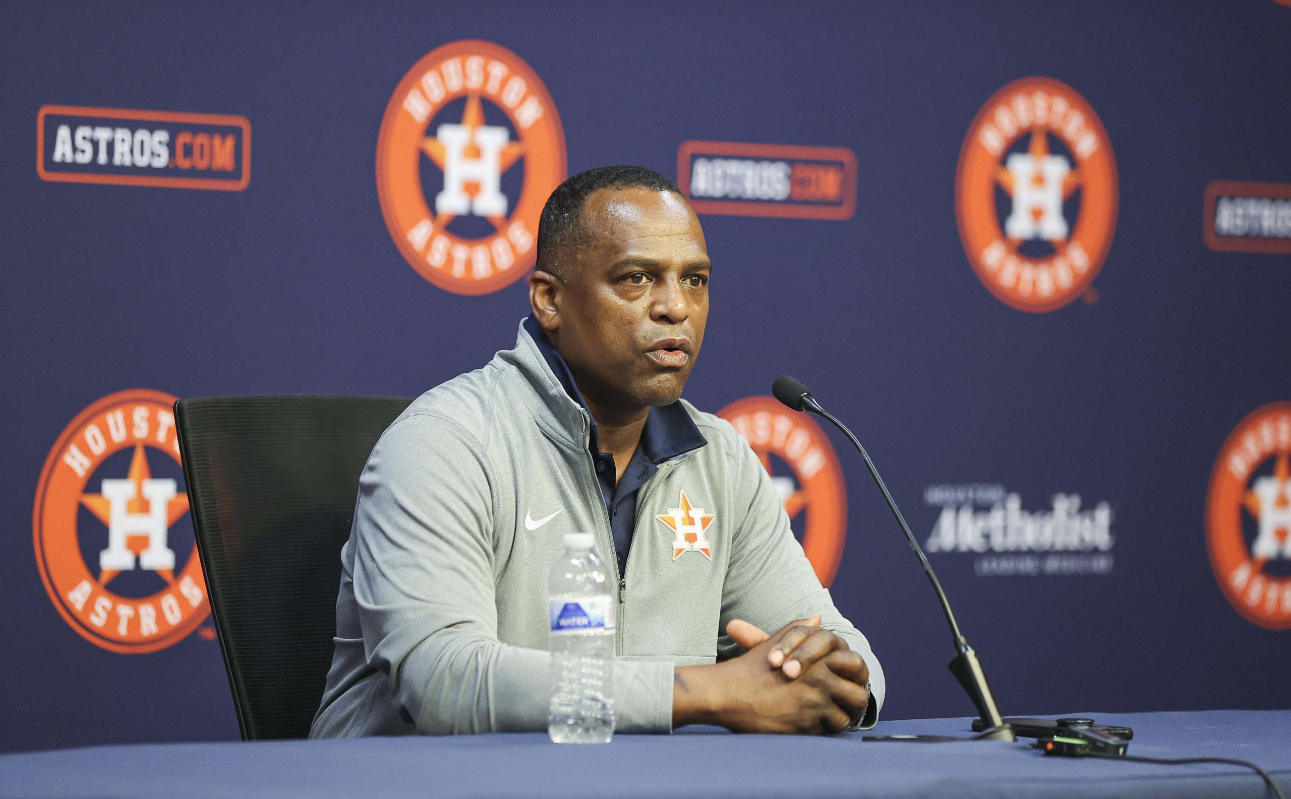 Houston Astros general manager Dana Brown meets with the media.