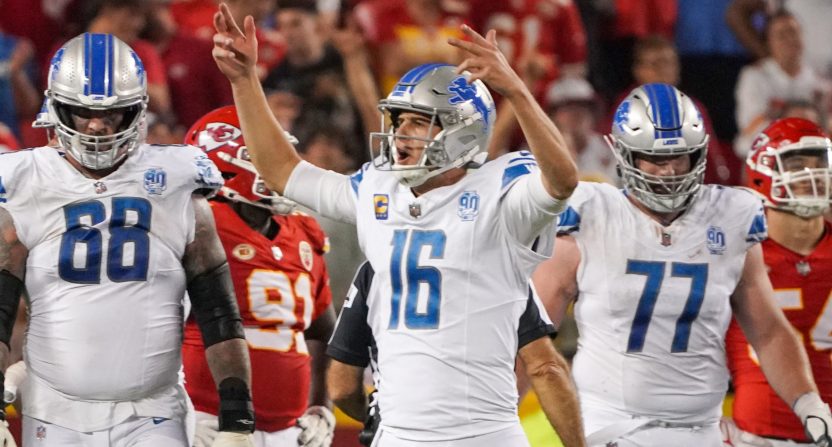 Detroit Lions quarterback Jared Goff against the Kansas City Chiefs at Arrowhead Stadium.