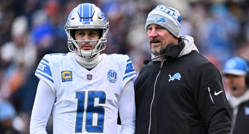 Detroit Lions quarterback Jared Goff and head coach Dan Campbell on the sideline.