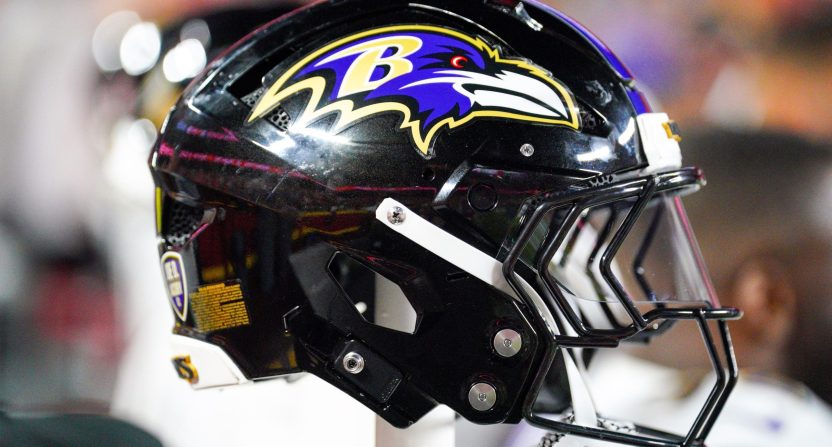 Sep 5, 2024; Kansas City, Missouri, USA; A general view of a Baltimore Ravens helmet against the Kansas City Chiefs during the first half at GEHA Field at Arrowhead Stadium. Mandatory Credit: Denny Medley-Imagn Images