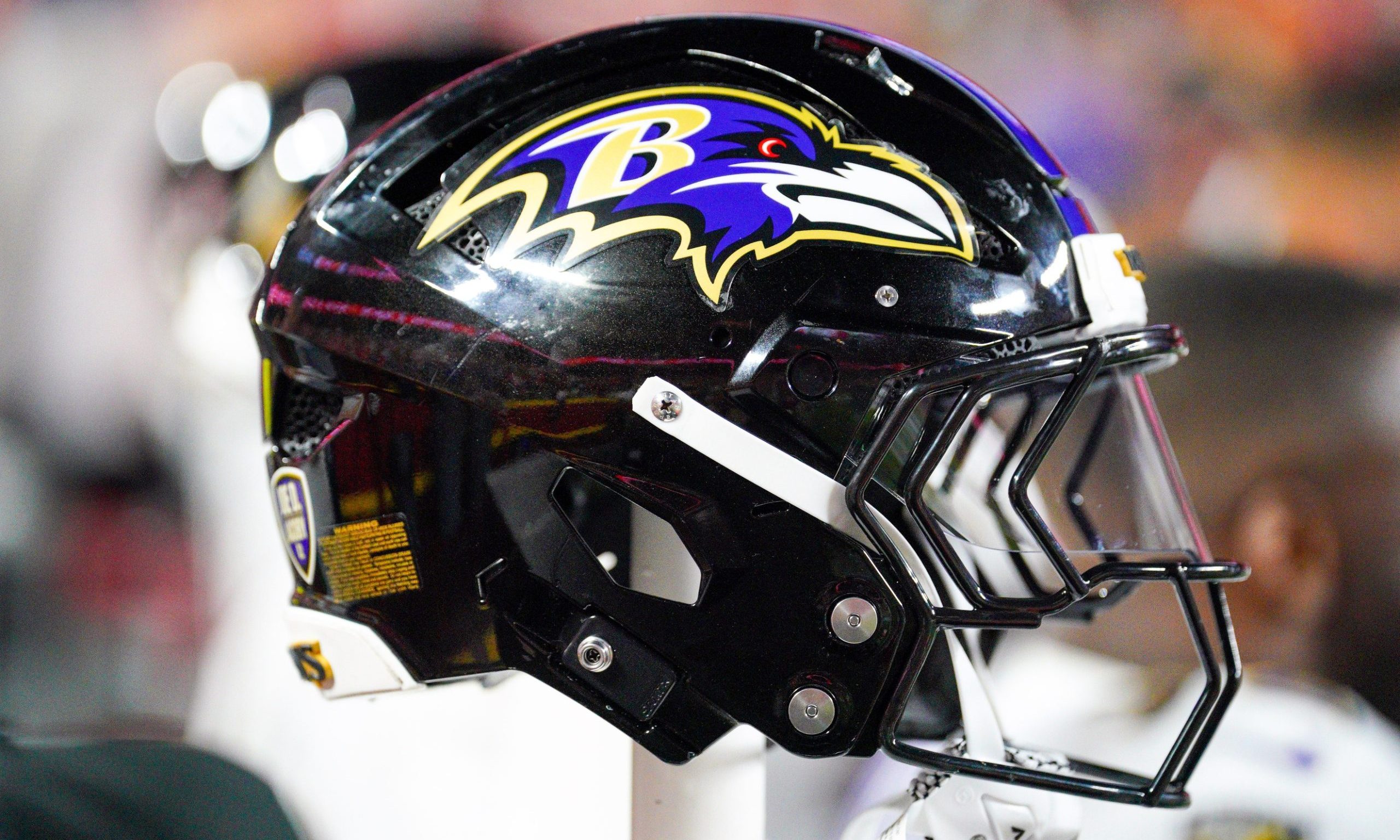 Sep 5, 2024; Kansas City, Missouri, USA; A general view of a Baltimore Ravens helmet against the Kansas City Chiefs during the first half at GEHA Field at Arrowhead Stadium. Mandatory Credit: Denny Medley-Imagn Images