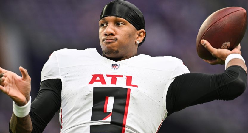 Dec 8, 2024; Minneapolis, Minnesota, USA; Atlanta Falcons quarterback Michael Penix Jr. (9) warms up before the game against the Minnesota Vikings at U.S. Bank Stadium. Mandatory Credit: Jeffrey Becker-Imagn Images