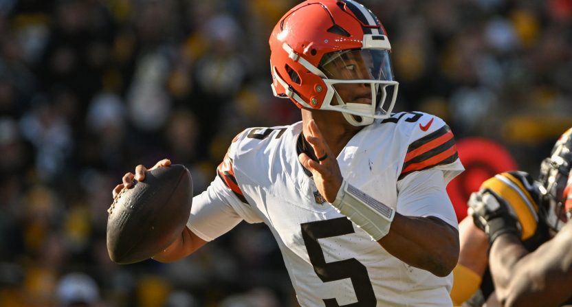 Dec 8, 2024; Pittsburgh, Pennsylvania, USA; Cleveland Browns quarterback Jameis Winston (5) throws a pass against the Pittsburgh Steelers during the second quarter at Acrisure Stadium. Mandatory Credit: Barry Reeger-Imagn Images