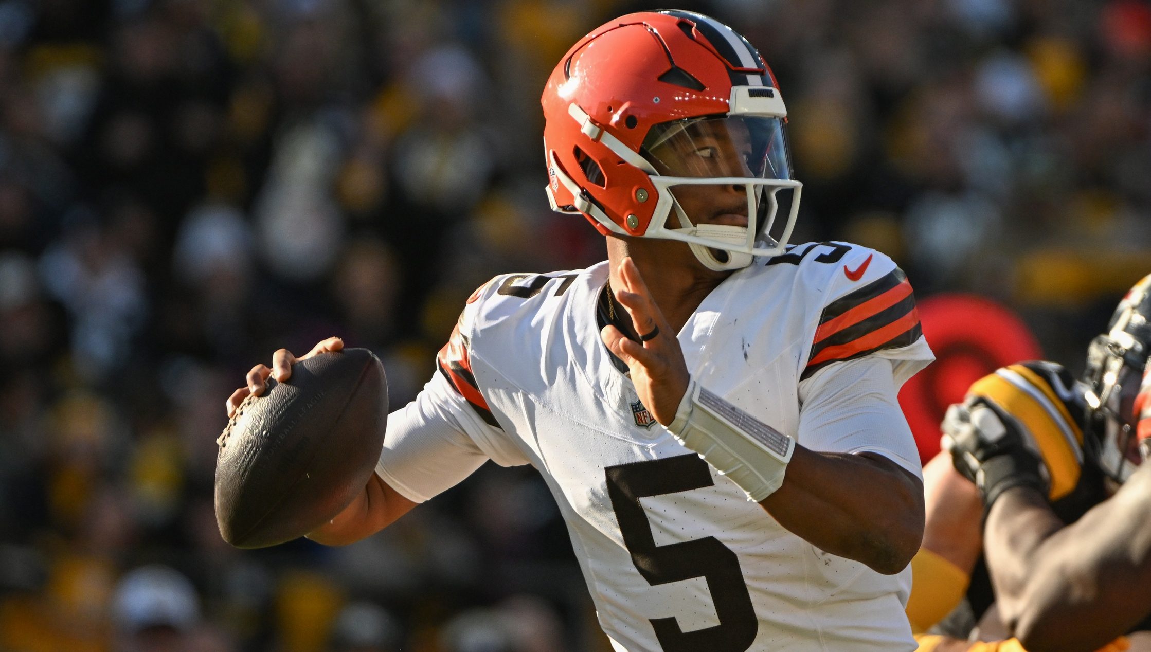 Dec 8, 2024; Pittsburgh, Pennsylvania, USA; Cleveland Browns quarterback Jameis Winston (5) throws a pass against the Pittsburgh Steelers during the second quarter at Acrisure Stadium. Mandatory Credit: Barry Reeger-Imagn Images