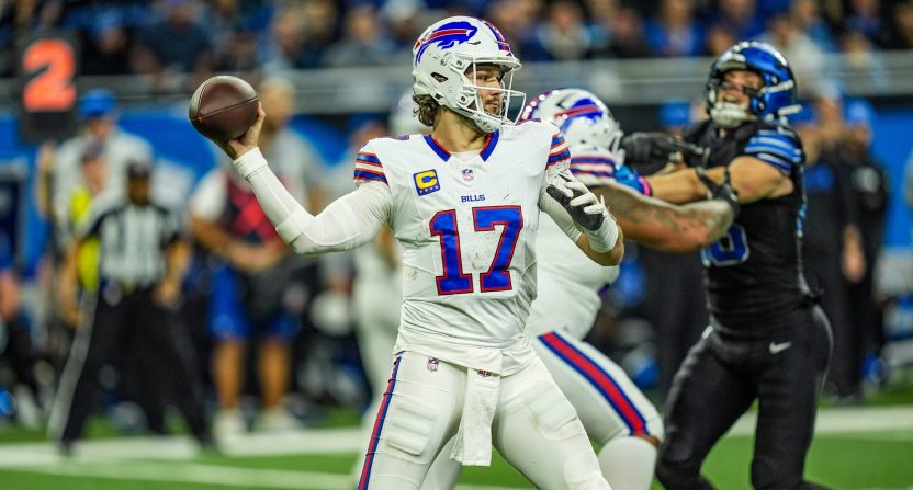 Buffalo Bills quarterback Josh Allen throws a pass vs the Detroit Lions at Ford Field.