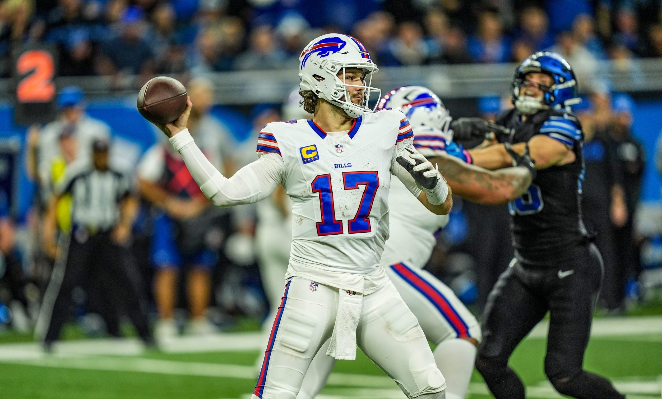 Buffalo Bills quarterback Josh Allen throws a pass vs the Detroit Lions at Ford Field.