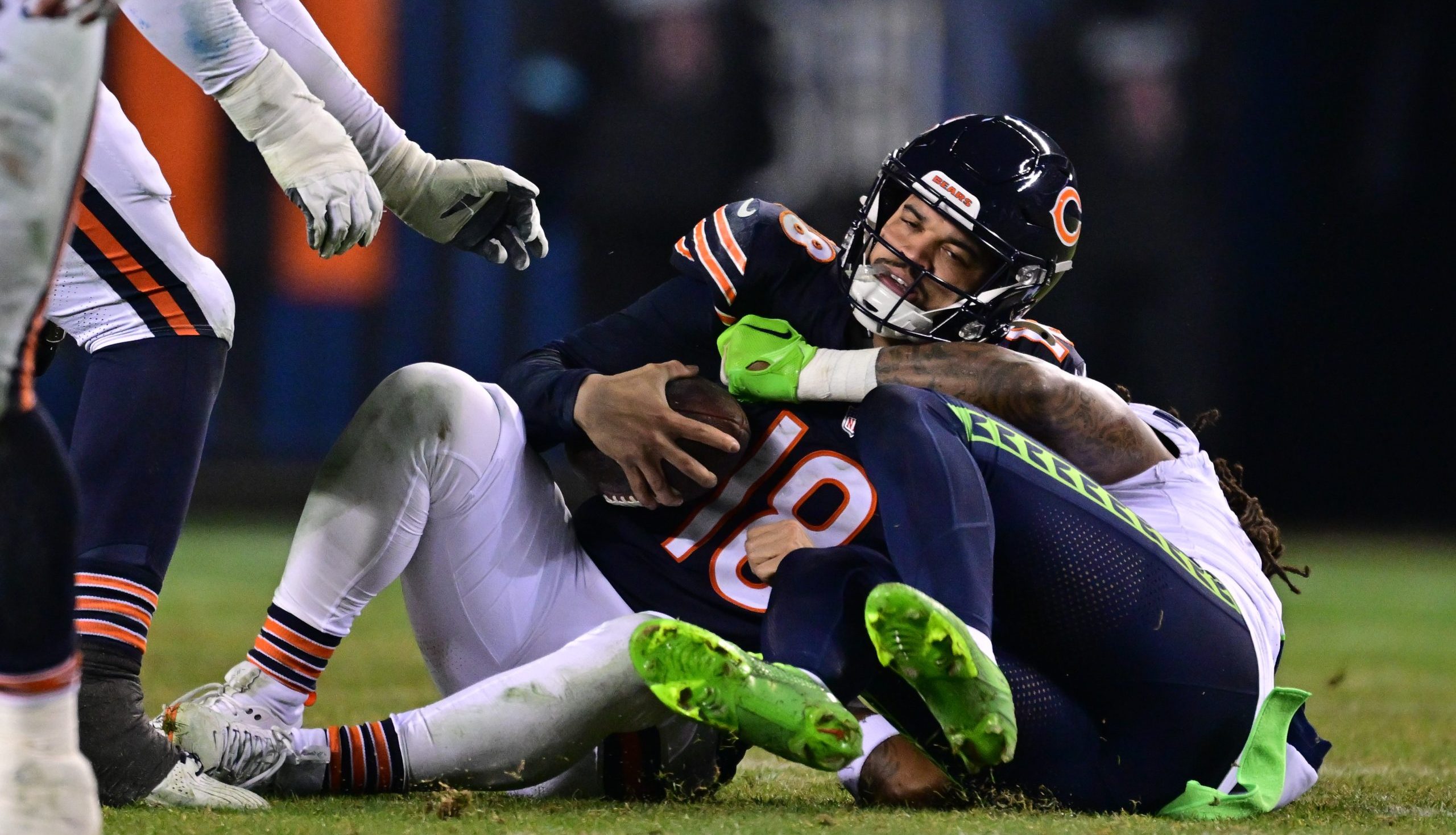 Caleb Williams getting sacked in the Bears' Week 17 loss to the Seahawks