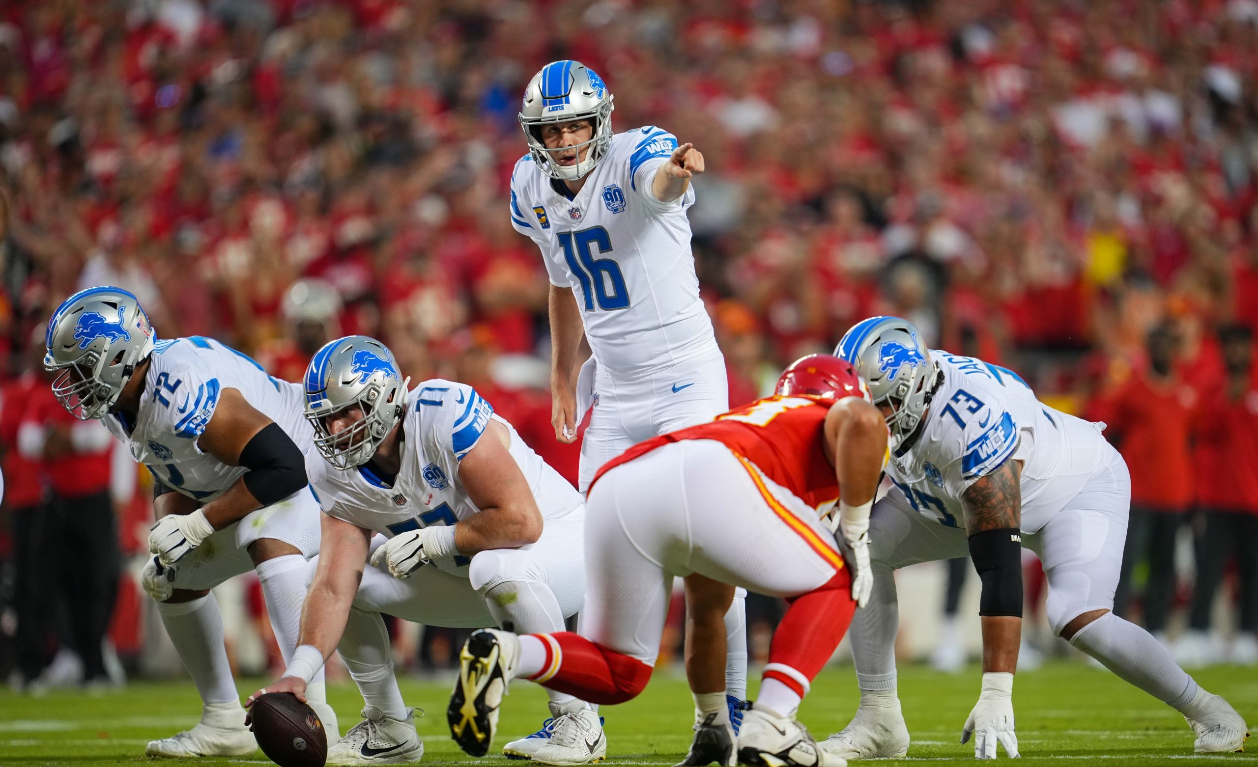 Detroit Lions quarterback Jared Goff at the line of scrimmage vs the Kansas City Chiefs at Arrowhead Stadium.