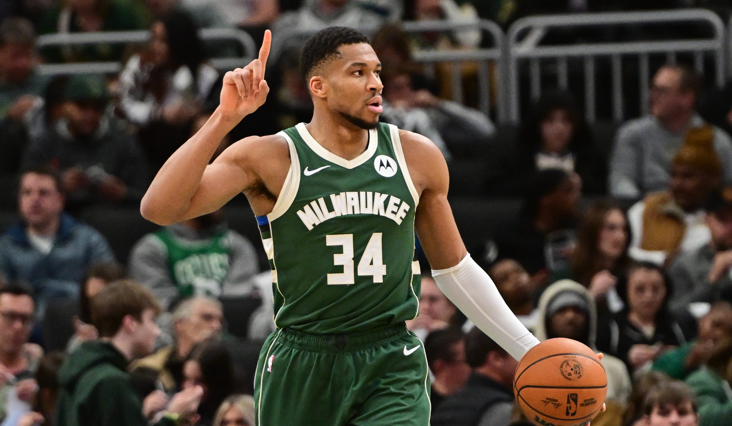 Milwaukee Bucks star Giannis Antetokounmpo dribbles the basketball.