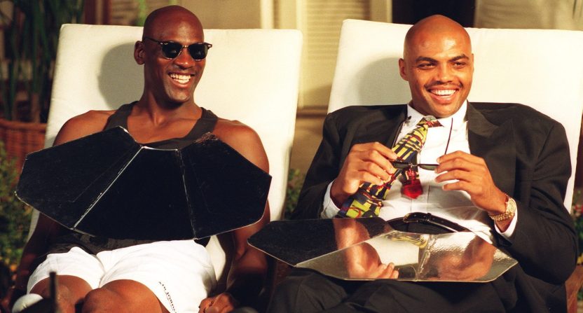 Michael Jordan and Charles Barkley during the filming of a Nike shoe commercial.