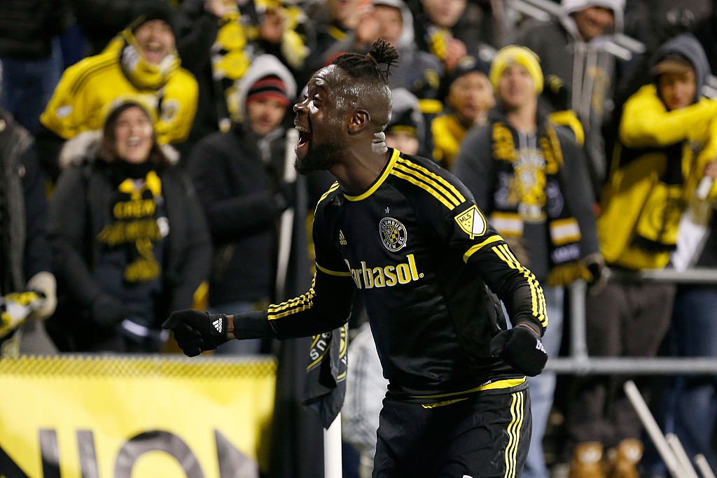 COLUMBUS, OH - NOVEMBER 22:  Kei Kamara #23 of the Columbus Crew SC celebrates after defeating the New York Red Bulls 2-0 on November 22, 2015 at MAPFRE Stadium in Columbus, Ohio. (Photo by Kirk Irwin/Getty Images)