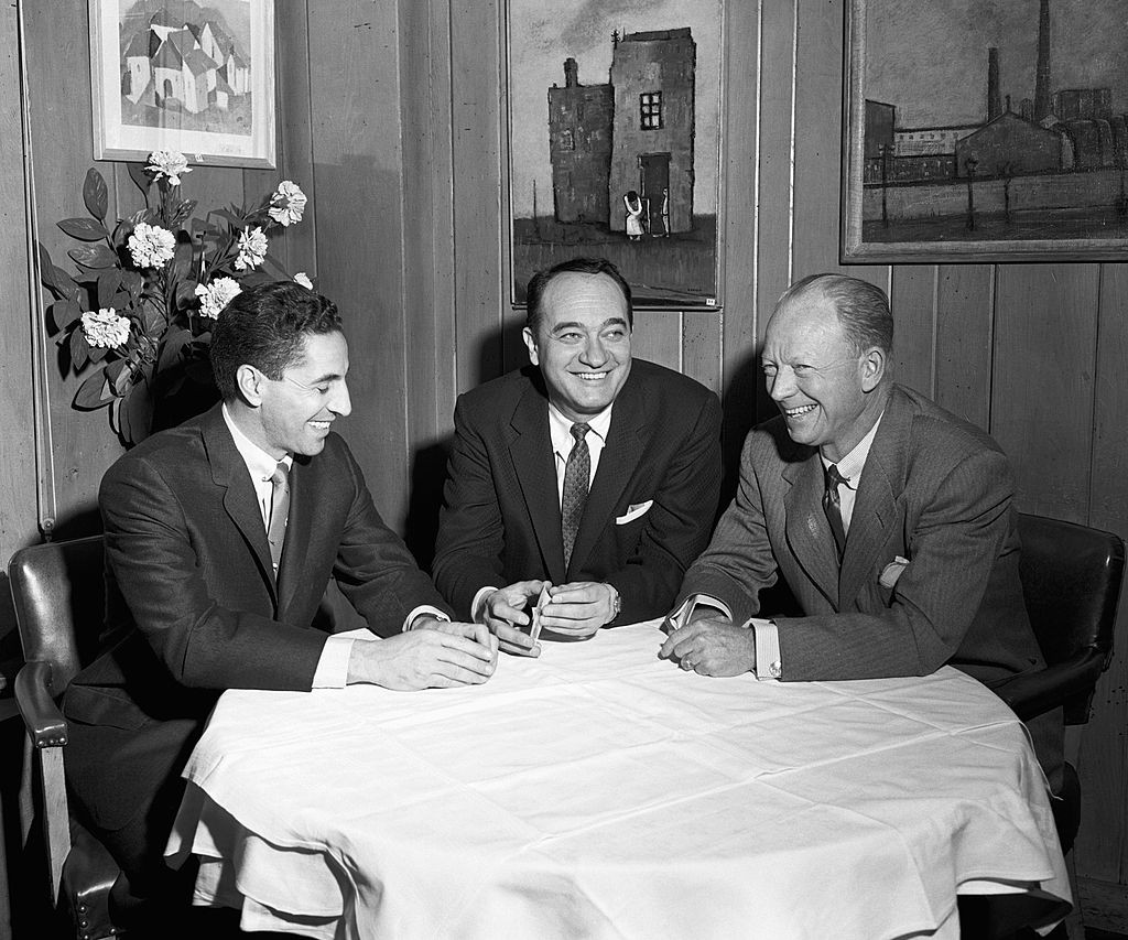 NEW YORK - 1952:  (L to R) Announcers Phil Rizzuto, Mel Allen and Red Barber, of the New York Yankees, pose for a group portrait in 1959 in New York, New York. (Photo by:  Olen Collection/Diamond Images/Getty Images)