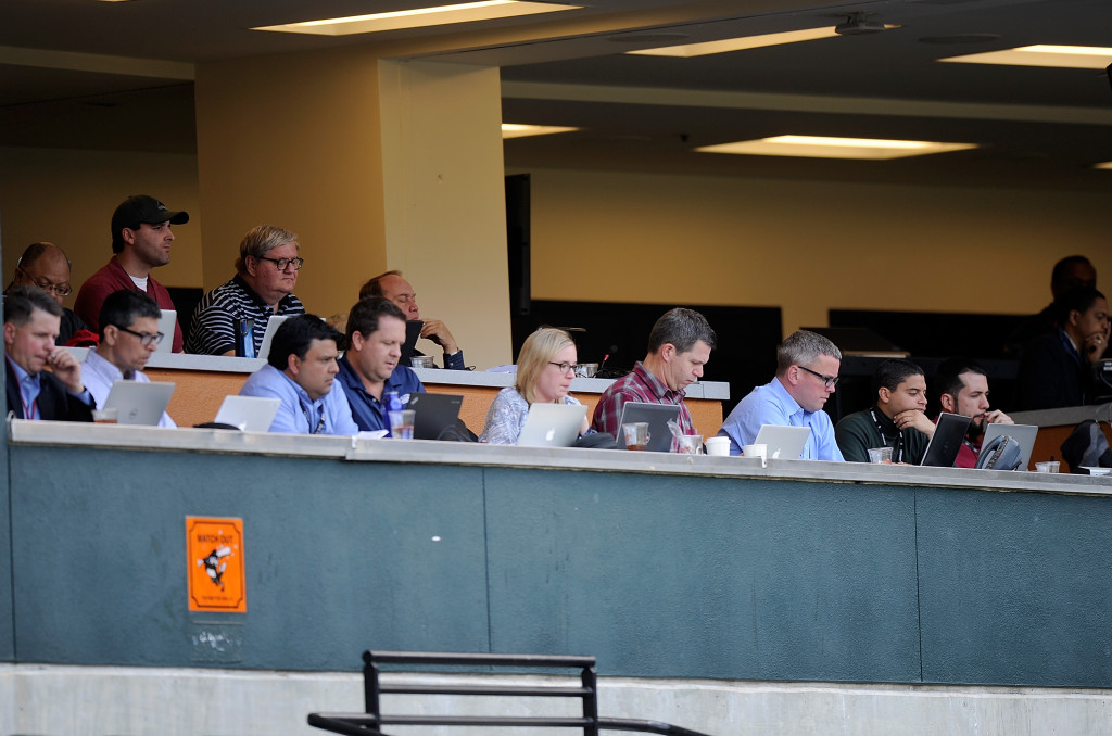 BALTIMORE, MD - APRIL 29:  The media sit in the press box during the game between the Baltimore Orioles and the Chicago White Sox at Oriole Park at Camden Yards on April 29, 2015 in Baltimore, Maryland. The game was played without spectators due to the social unrest in Baltimore.  (Photo by Greg Fiume/Getty Images)