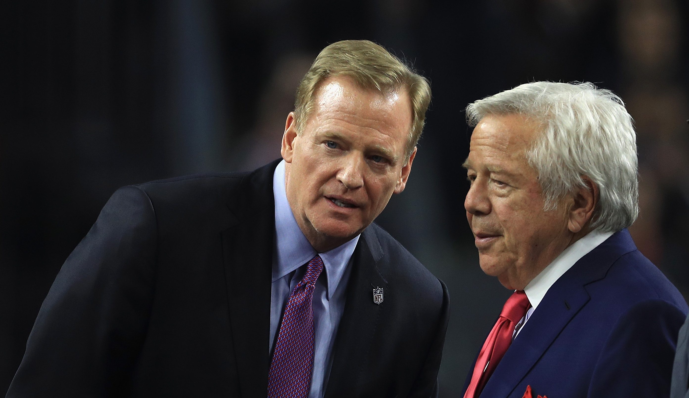 HOUSTON, TX - FEBRUARY 05: National Football League commissioner Roger Goodell talks with team owner Robert Kraft during Super Bowl 51 at NRG Stadium on February 5, 2017 in Houston, Texas.