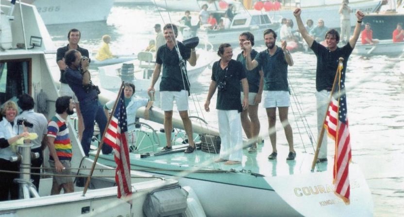 The crew of Courageous, including captain Ted Turner (left), celebrate winning the 1977 America's Cup.