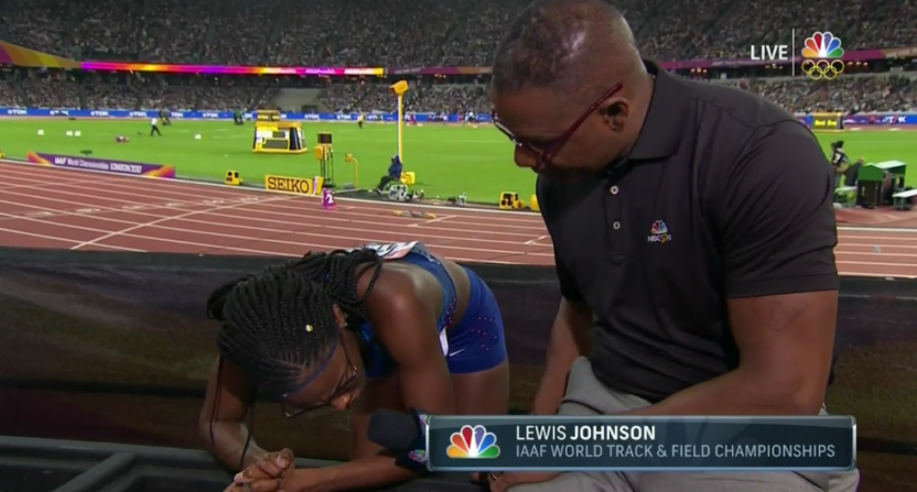 NBC's Lewis Johnson tried to interview Shamier Little before she regained her breath.
