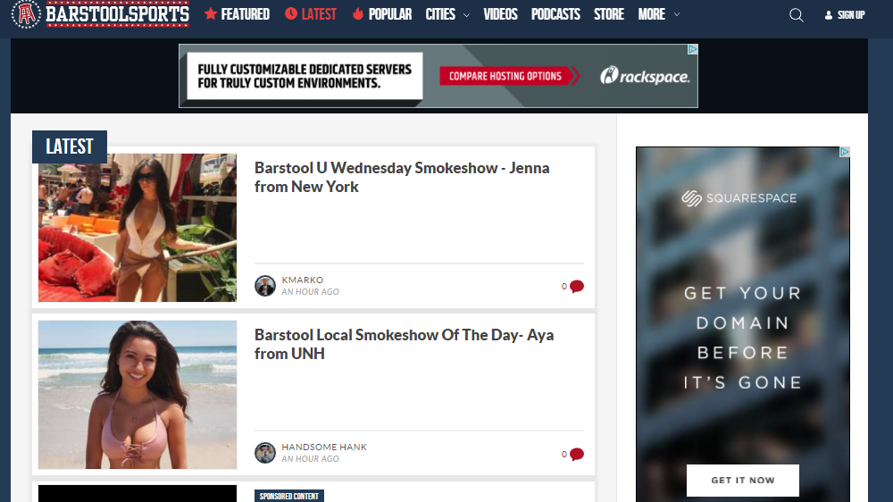 The Barstool Sports homepage Wednesday afternoon.