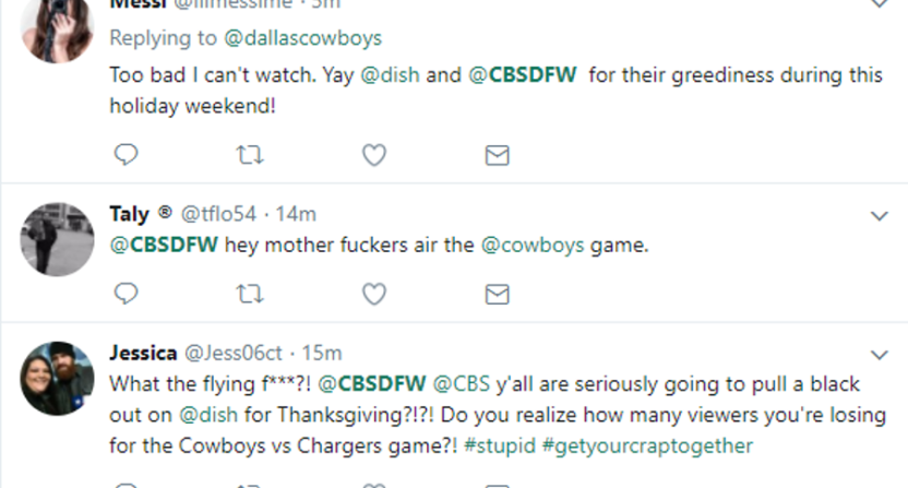 Angry tweets at Dish and CBSDFW.