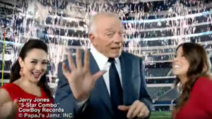 Jerry Jones owns over 100 Papa John's franchises, and appeared in this rap commercial for them a few years back.