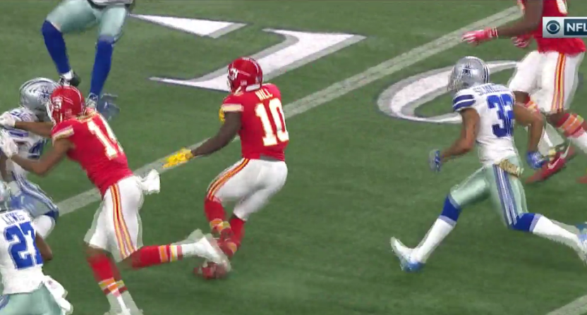 Chiefs' receiver Tyreek Hill ran through half the Cowboys' defense for this half-ending touchdown.