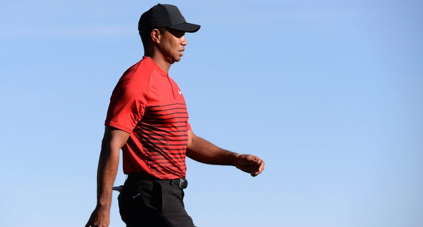 Jan 28, 2018; San Diego, CA, USA; Tiger Woods walks the 13th fairway during the final round of the Farmers Insurance Open golf tournament at Torrey Pines Municipal Golf Course - South Co.