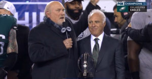 Terry Bradshaw leading the crowd in "Fly Eagles Fly."