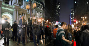 Two different photos of the celebrations in Philadelphia.