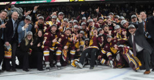 The Minnesota-Duluth Bulldogs celebrate their Frozen Four championship.
