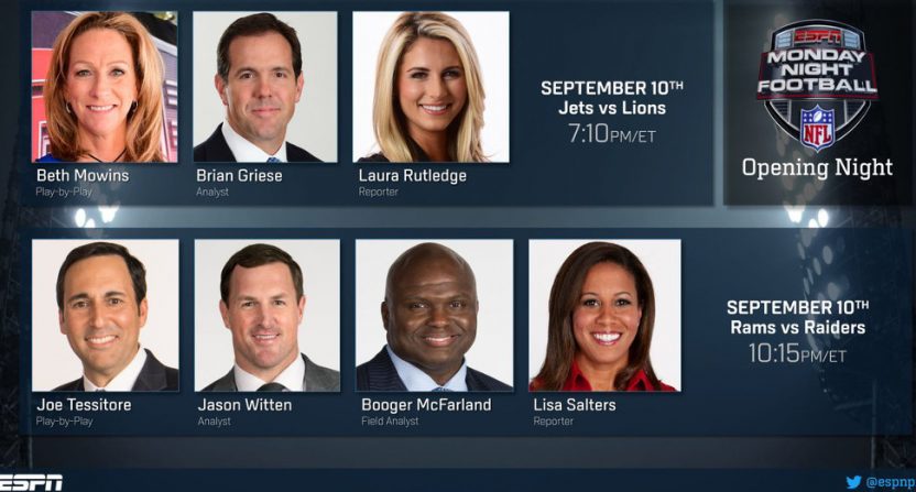ESPN will kick off Monday Night Football with Beth Mowins, Brian Griese and  Laura Rutledge calling the early Week 1 game