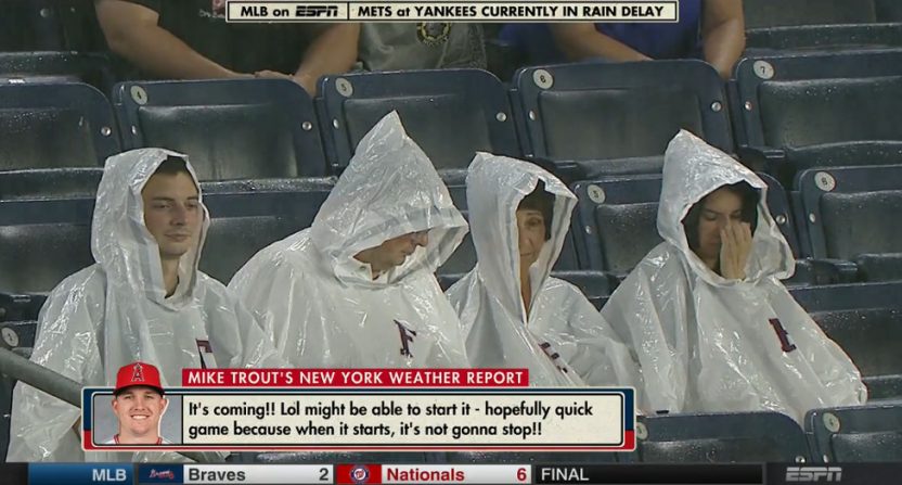 Mike Trout reporting on cross-continent weather.