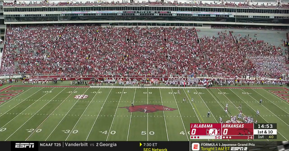 Lightning led to ESPN having to use real wide angles for Alabama-Arkansas.