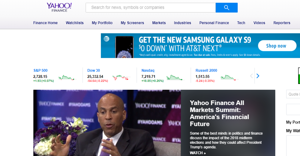 The Yahoo Finance homepage on Nov. 13, 2018.