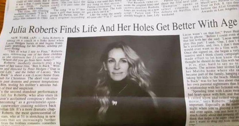 The Jamestown (NY) Post-Standard's Julia Roberts headline.