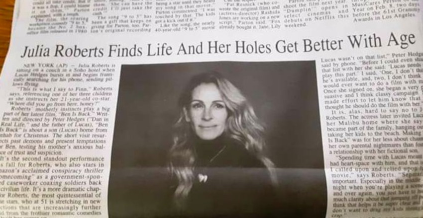 The Jamestown (NY) Post-Standard's Julia Roberts headline.