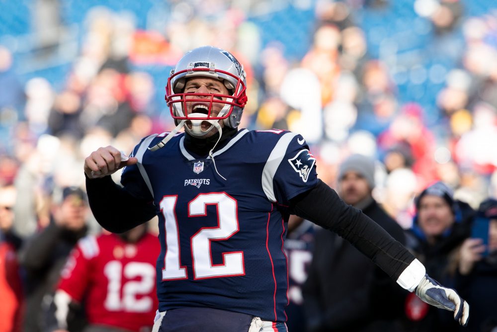 Jan 13, 2019; Foxborough, MA, USA; New England Patriots quarterback Tom Brady (12) reacts during warmups before a game against the Los Angeles Chargers in an AFC Divisional playoff football game at Gillette Stadium. Mandatory Credit: David Butler II-USA TODAY Sports