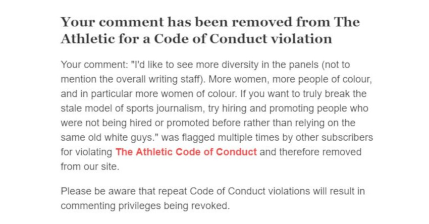 The note The Athletic sent to a commenter who said he'd like more diversity on their panels.