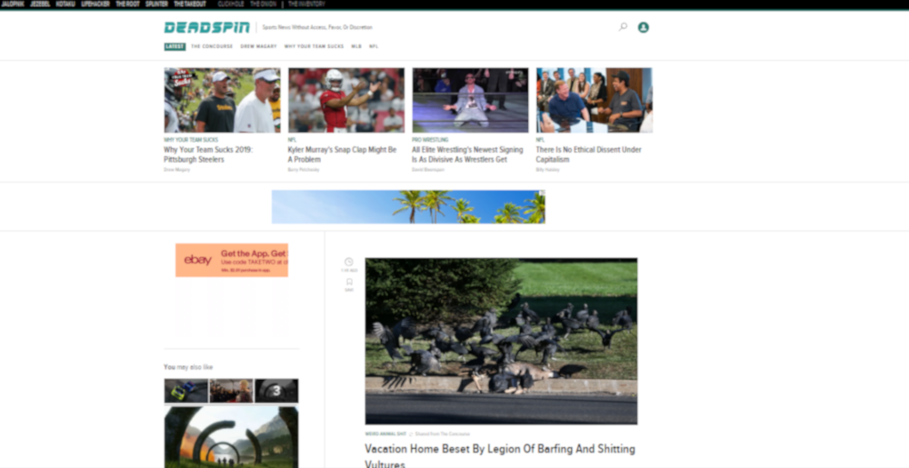 Deadspin's front page on August 16, 2019.