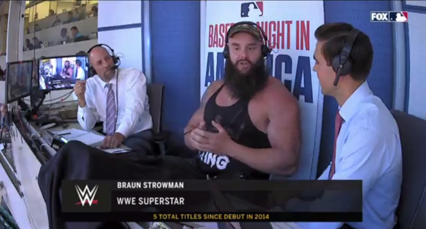 Braun Strowman in the MLB on Fox booth.