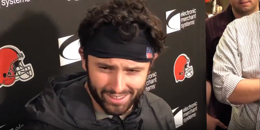 Baker Mayfield responds to a question from Tony Grossi.