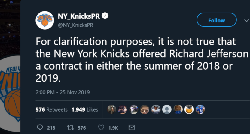 The Knicks' tweet about Richard Jefferson.
