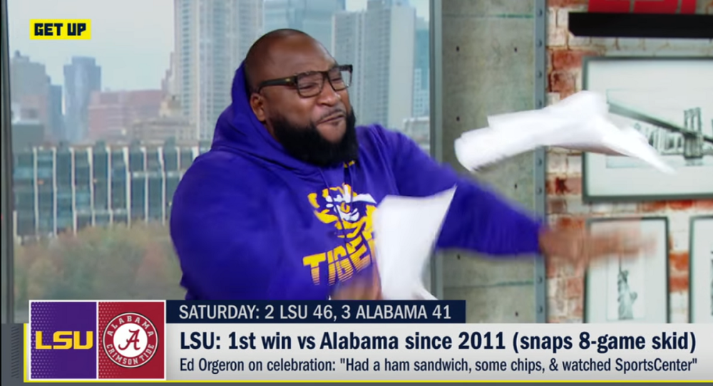 Marcus Spears in a LSU hoodie on ESPN in 2019.