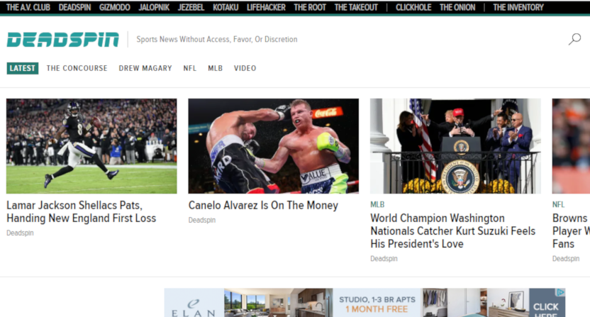Deadspin's home page on Jan. 10, 2020.