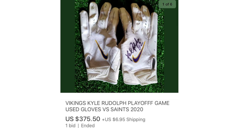 Kyle Rudolph had his gloves sold on eBay after he gave them to a media member for a charity benefit.