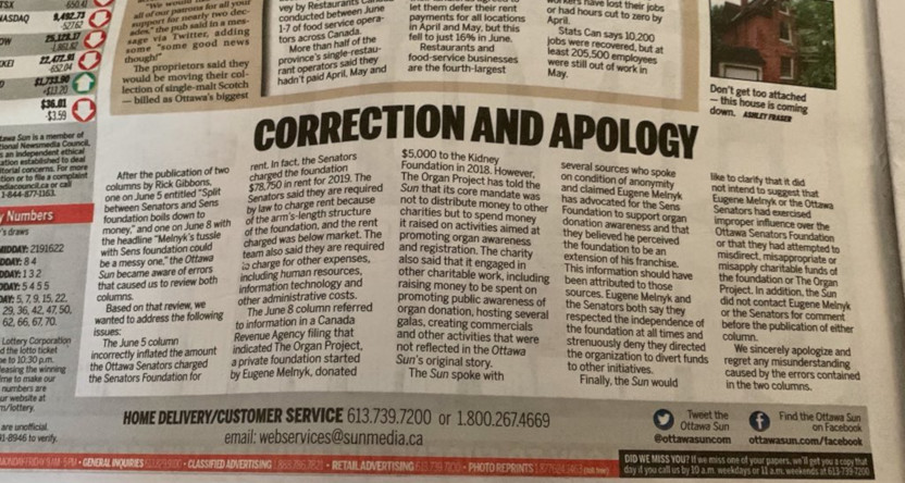 The Ottawa Sun issued a major correction Friday.