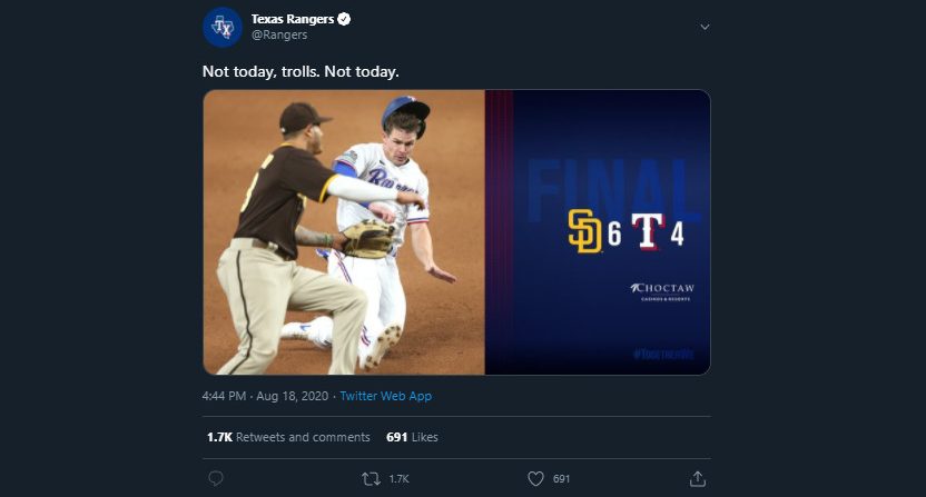 The Texas Rangers turning off their replies.